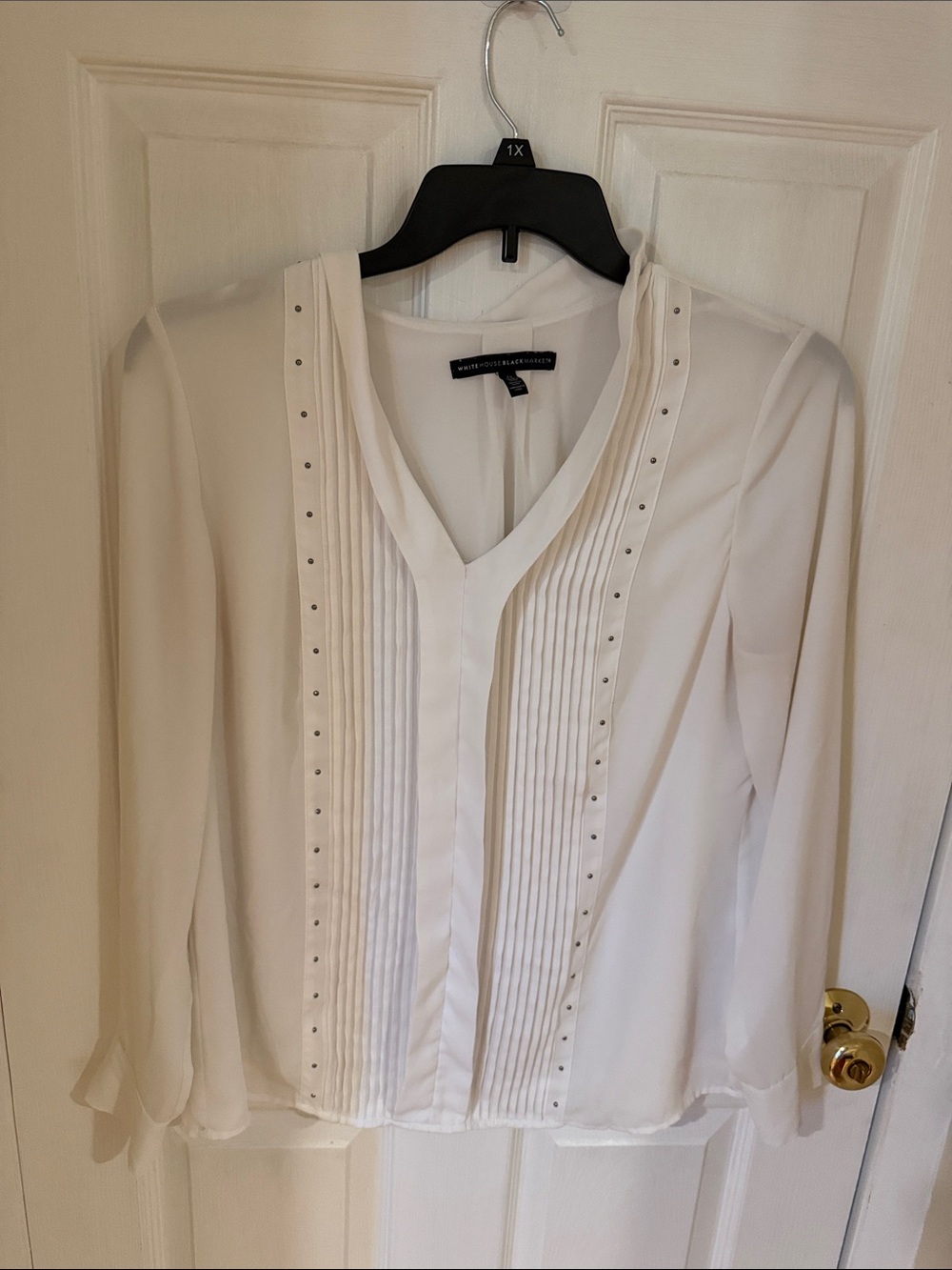 White House Black Market Cream Pintuck V-Neck Blouse with Stud Trim